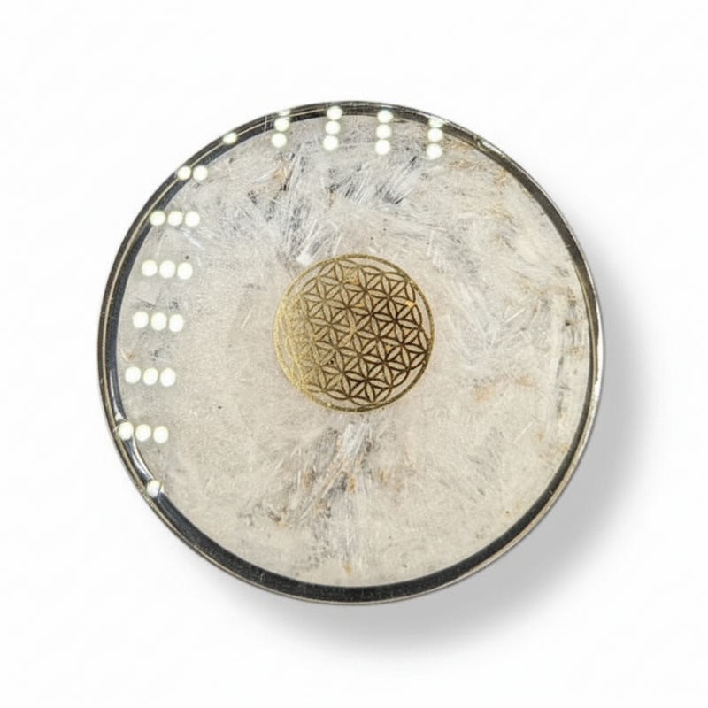 Round stone with a gold geometric design on a white background