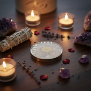 Decorative setting with candles, crystals, and a round orgonite object on a wooden surface.