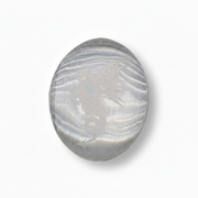 Selenite palm stone  with a etched dragon set against a plain white background.