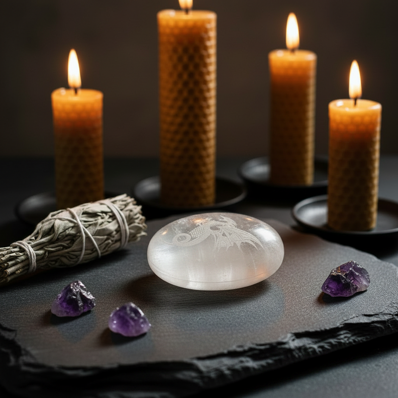 A Selenite palm stone  with a etched dragon design sits on a dark slate tray, surrounded by three lit beeswax pillar candles, a bundle of dried sage, and three small purple amethyst stones.