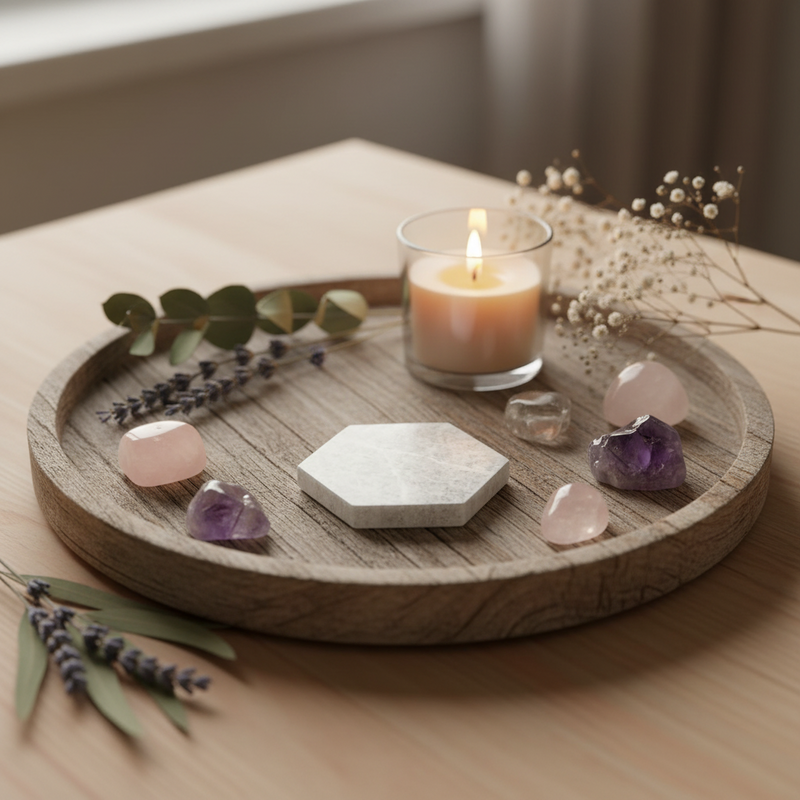 A round wooden tray styled on a light wood table with a lit candle in a glass holder, pink and purple crystals, dried flowers, and green sprigs.