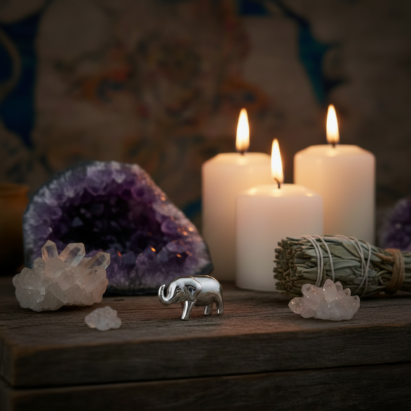 Decorative setup with candles, crystals, and an elephant figurine on a wooden surface.