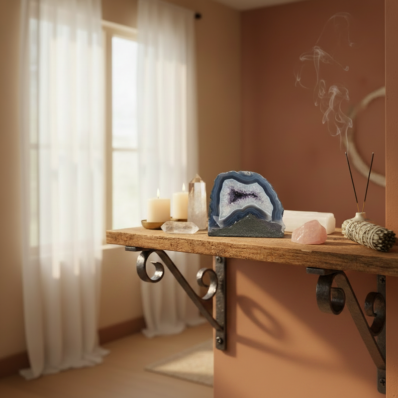 Decorative setting with a crystal on a wooden shelf in a room with curtains and a wall light.