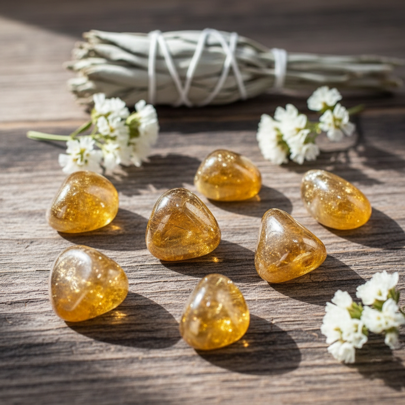 Tangerine aura tumbled crystals on a table with sage and white flowers.
