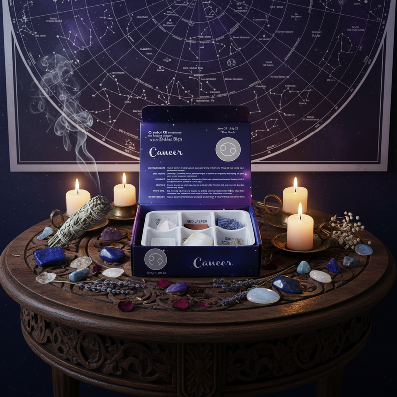 Open box labeled 'Cancer' with crystals on a wooden table in front of a star map.