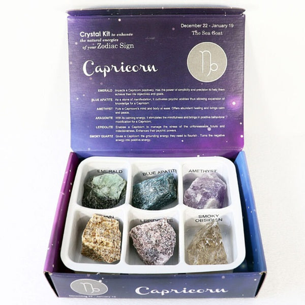 Capricorn crystal kit with six stones on white background