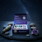 Capricorn crystal kit with stones and a stary night on a dark background
