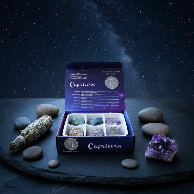 Capricorn crystal kit with stones and a stary night on a dark background