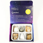Crystal kit for Gemini zodiac sign with six stones in a box on a white background