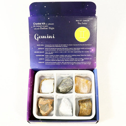 Crystal kit for Gemini zodiac sign with six stones in a box on a white background