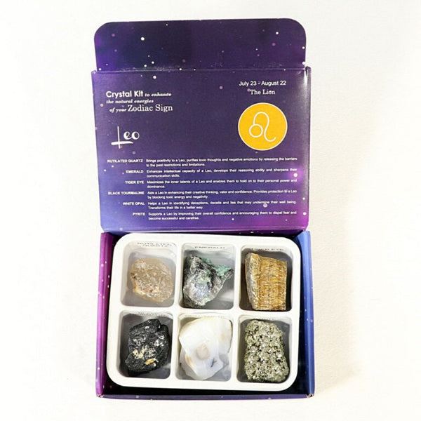 Crystal kit for the Leo zodiac sign with stones and packaging on a white background