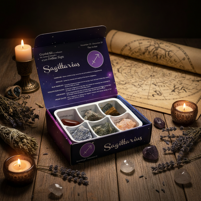 Crystal kit for Sagittarius with candles and herbs on a wooden surface