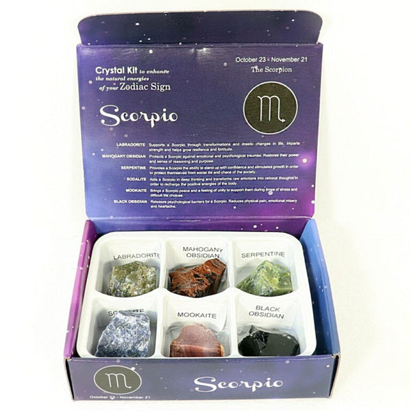 Scorpio crystal kit packaging with crystals inside on a white background