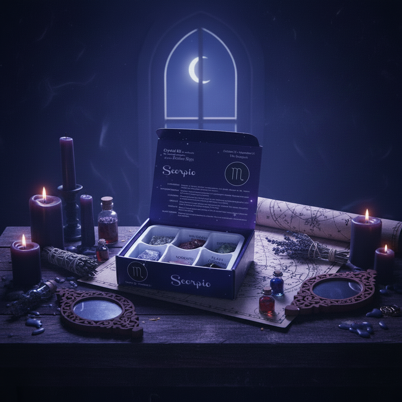 Zodiac Crystal Kit Scorpio box, candles, and herbs on a dark background