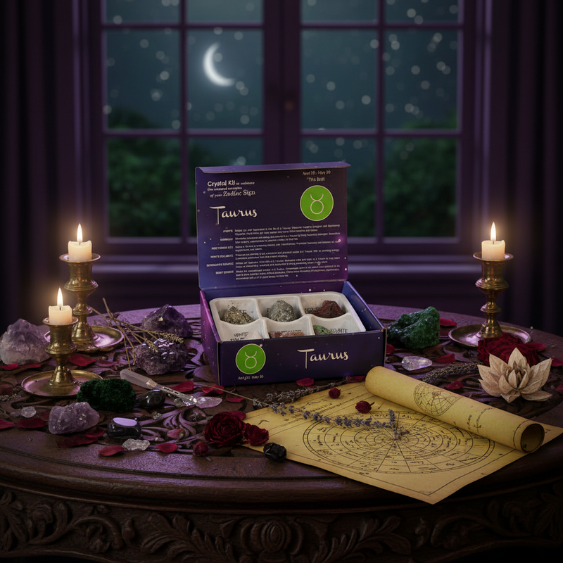 Taurus astrological box with crystals and candles on a mystical table setting.