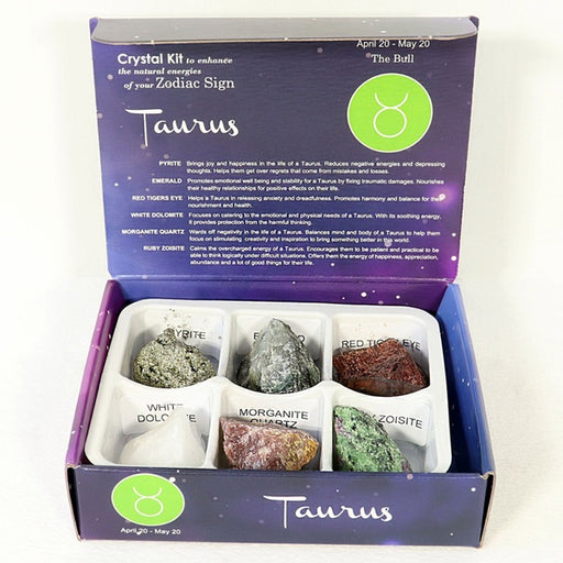 Taurus crystal kit with stones in a purple box on a white background