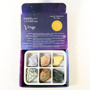 Crystal kit for Virgo zodiac sign with six stones in a purple box on a white background