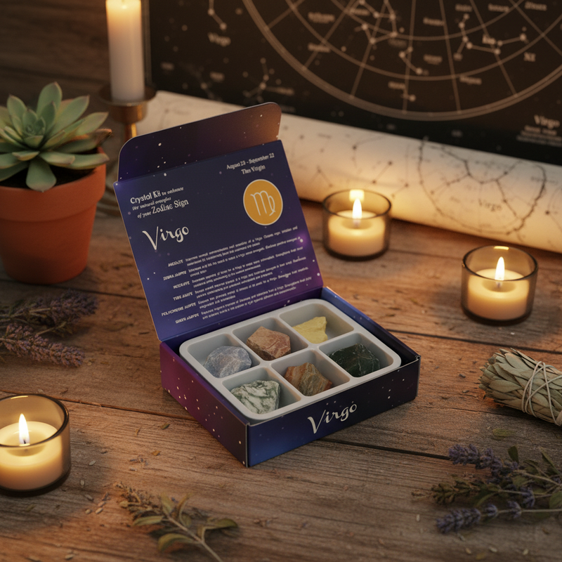 Open box of Virgo crystal set on a wooden table with candles and herbs, featuring a star map in the background.