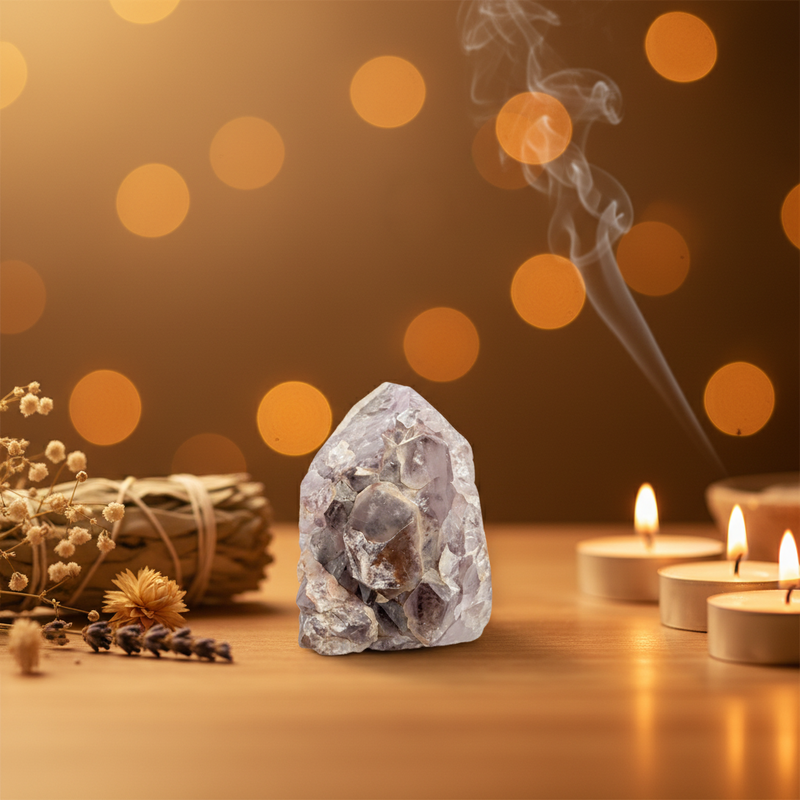 A raw, rough-cut clear crystal stone stands on a wooden surface, surrounded by lit tea light candles, a smudge bundle, dried flowers, and soft golden bokeh lights in the background.