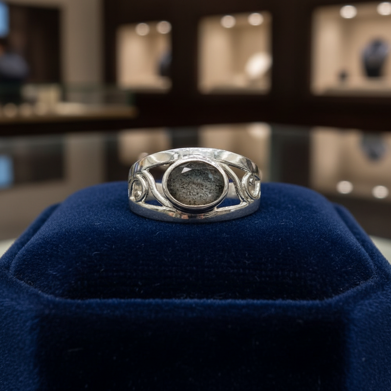 Silver ring with intricate design on a blue velvet ring box
