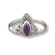 Silver ring with a purple gemstone on a white background