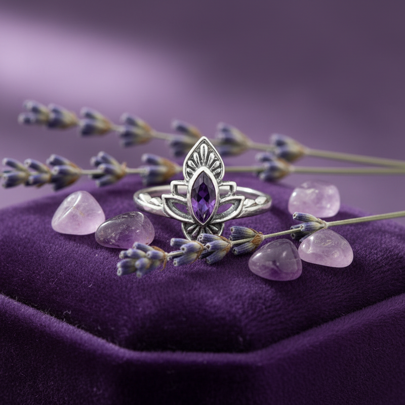 Silver ring with purple gemstone on a purple surface with lavender and crystals