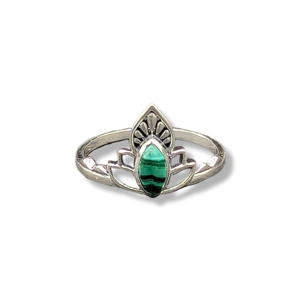 Silver ring with a green gemstone on a white background