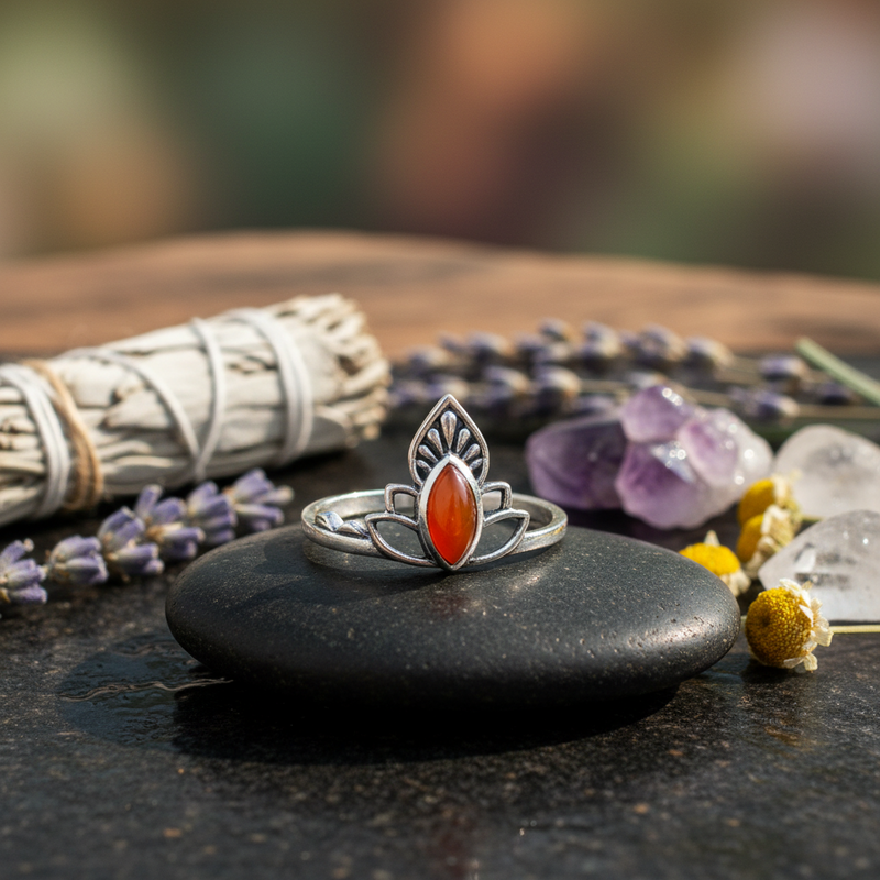 Silver ring with a red stone on a black stone surrounded by lavender, amethyst, and sage.
