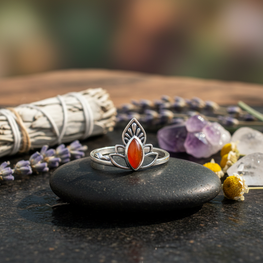 Silver ring with a red stone on a black stone surrounded by lavender, amethyst, and sage.