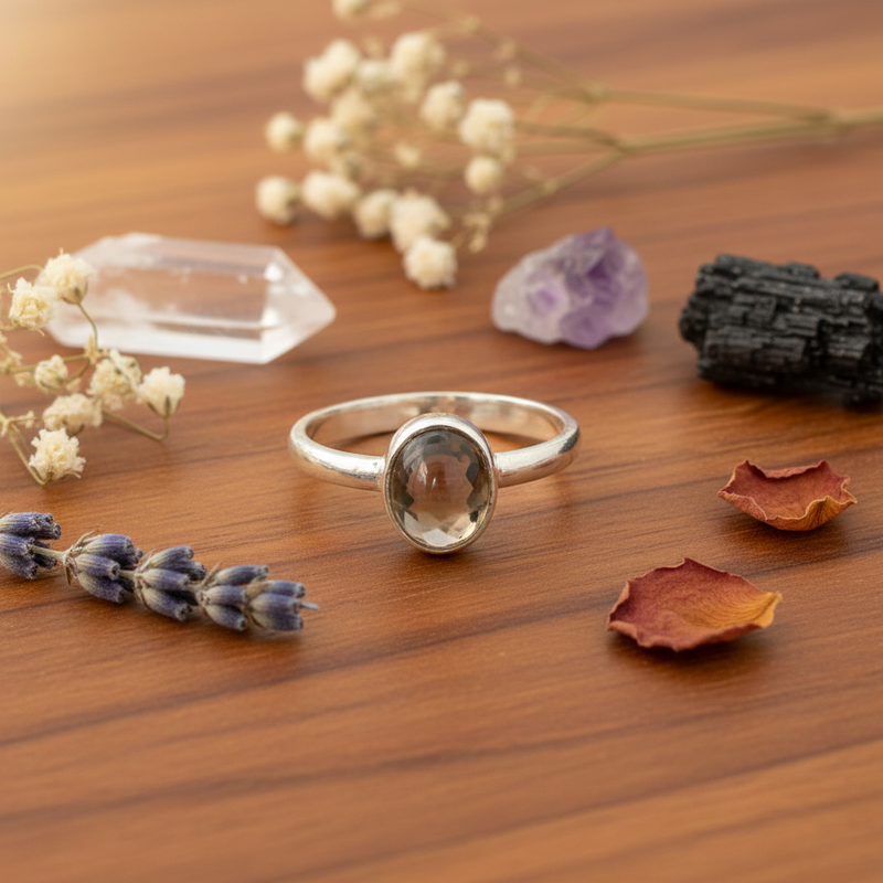 Silver ring with a grey gemstone on a wooden surface with dried flowers and crystals.