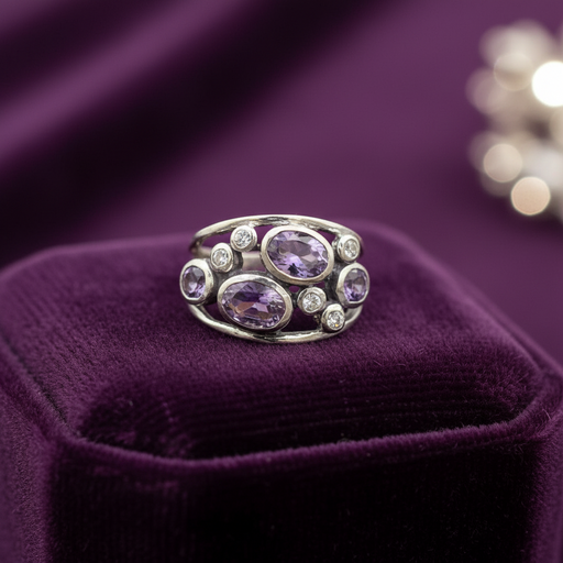 Silver ring with purple gemstones on a purple surface