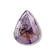 Teardrop-shaped purple crystal with embedded brown and black elements on a white background