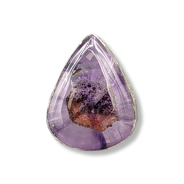 Teardrop-shaped purple crystal with embedded brown and black elements on a white background