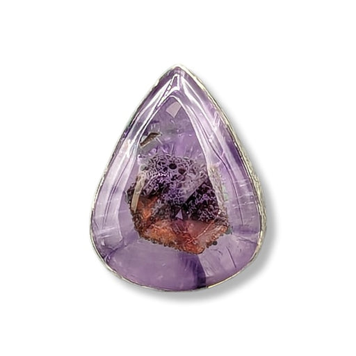Teardrop-shaped purple crystal with embedded brown and black elements on a white background
