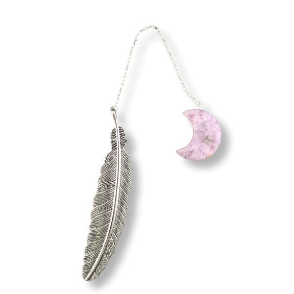 Bookmark with a feather pendant and pink crescent moon charm on a white background