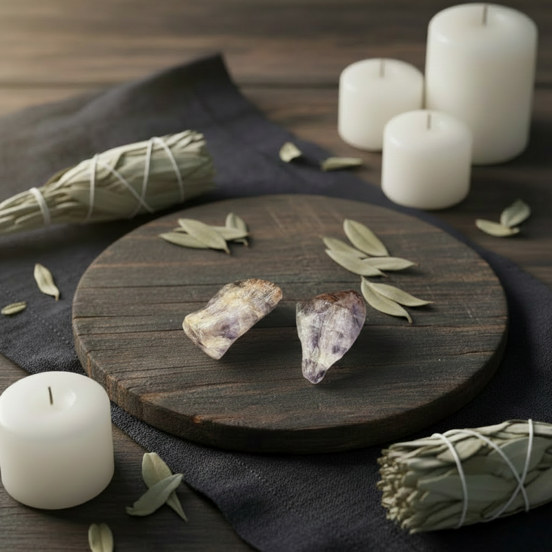 Wooden board with crystals, sage, and candles on a dark surface