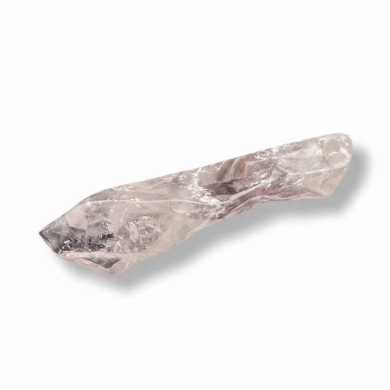 A raw amethyst  crystal shard with natural faceted edges and internal inclusions, shown on a clean white background with a soft drop shadow.