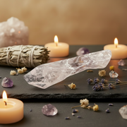 A polished amethyst crystal point rests on a dark slate tray surrounded by lit candles, dried lavender, amethyst stones, and a sage bundle in a softly blurred warm-toned setting.