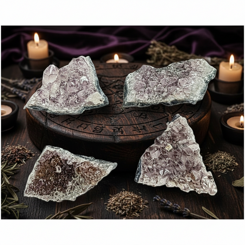 Crystal rocks on a wooden surface with candles and herbs in the background