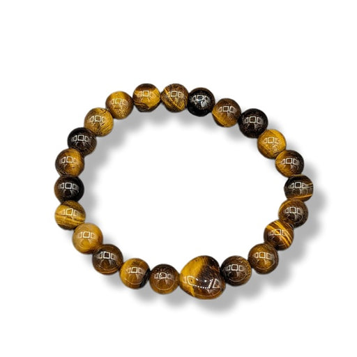 A beaded children's tiger's eye bracelet on a white background.