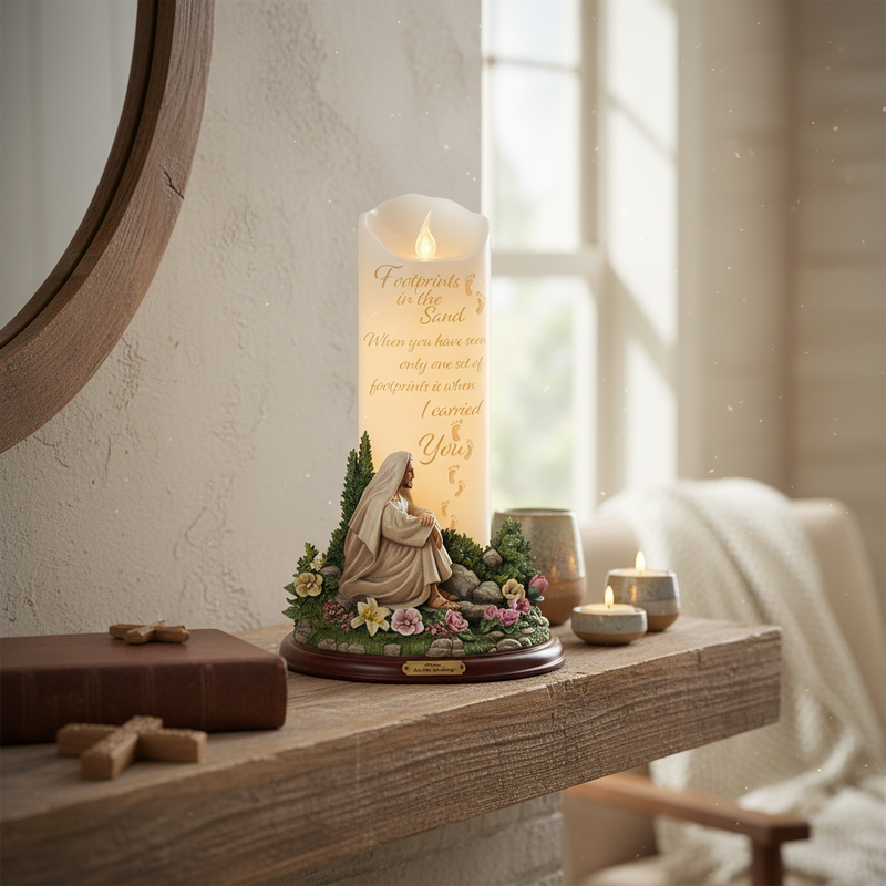 A decorative LED pillar candle with a religious figurine of the Virgin Mary on a shelf in a softly lit room. The candle reads 'Footprints in the Sand When you have come to only one out of many footprints & when I learned Jesus' name.