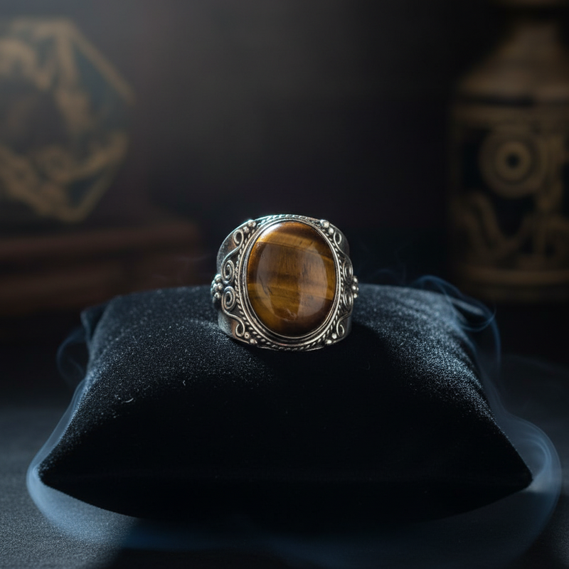 Silver ring with a tiger's eye stone on a dark background