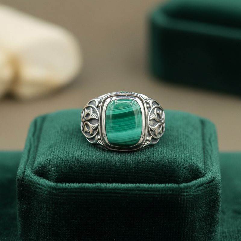 Silver ring with a green stone on a green velvet jewellery stand
