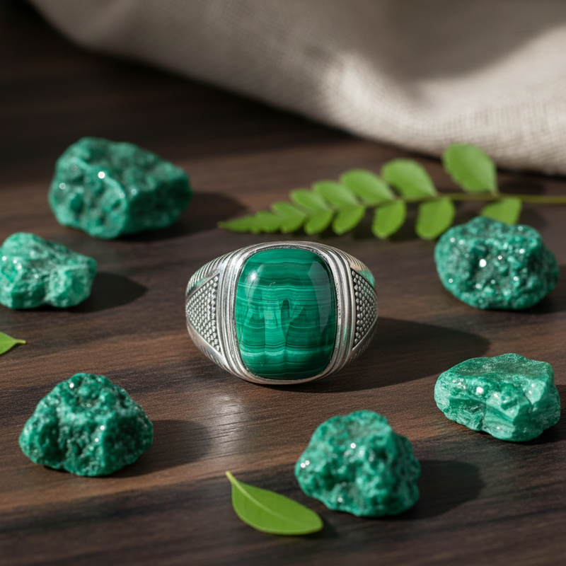 Ring with a green gemstone and silver band on a brown table surrounded by raw pieces of malachite