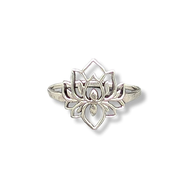 Silver lotus flower ring on a white background