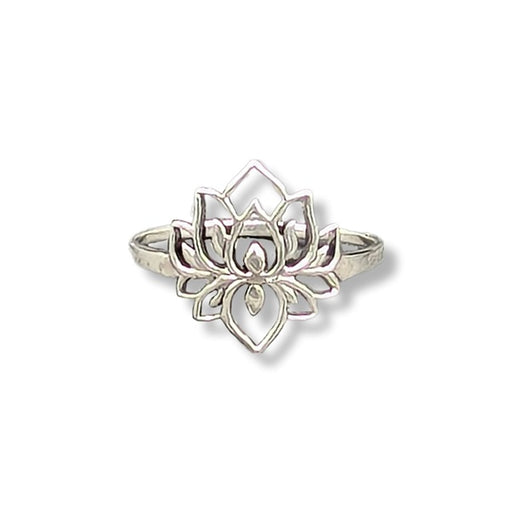 Silver lotus flower ring on a white background