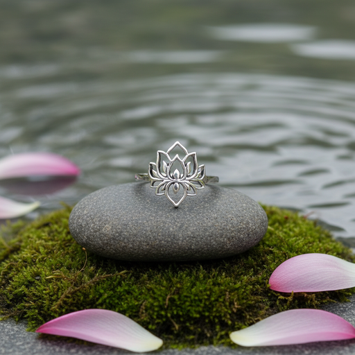 Silver lotus flower ring on a mossy stone with pink petals and water in the background