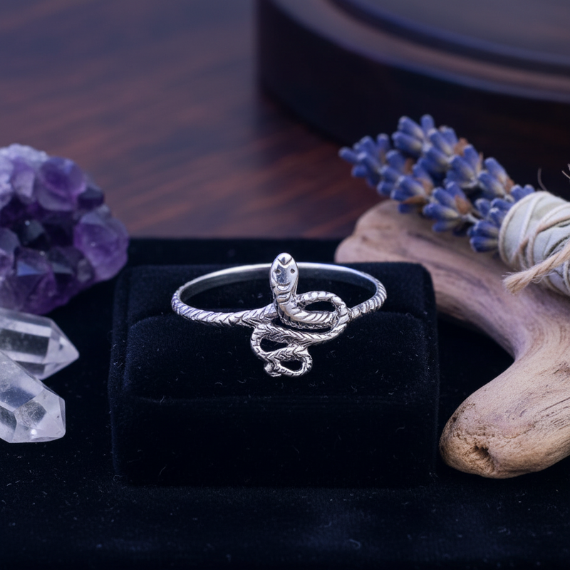 Silver snake-shaped ring on a black box with decorative elements like lavender and crystals.