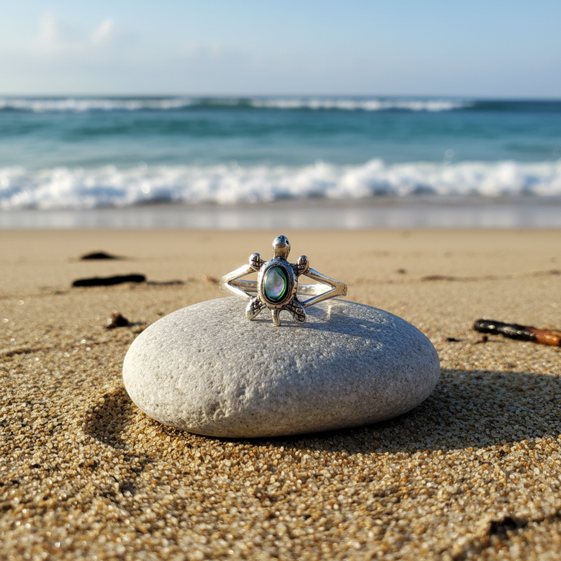 Silver ring with a green stone on a white stone at the beach
