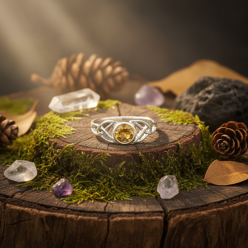Silver ring with a yellow gemstone on a wooden log slice with other moss and crystals around it.